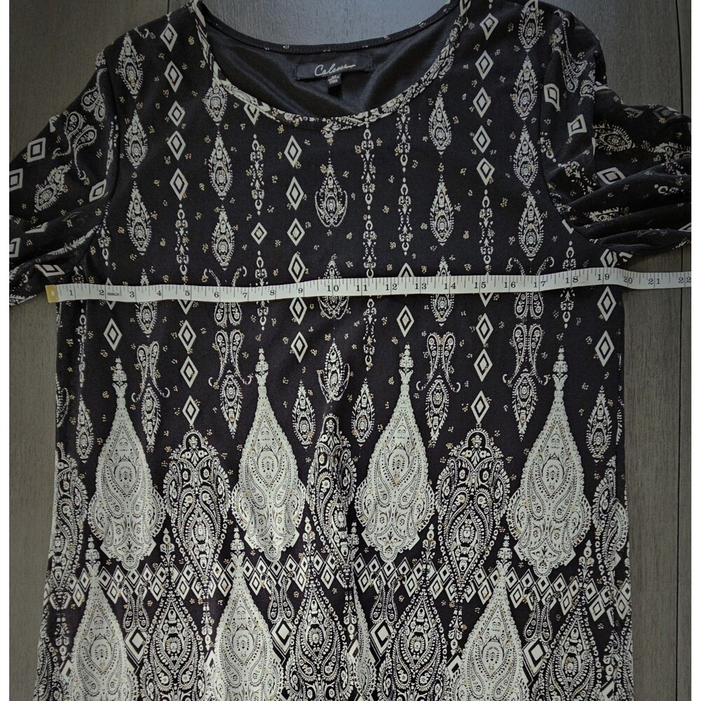 Calessa Black Moroccan Print Tunic Top Blouse Med Bell Sleeve Bohemian - Picture 4 of 9